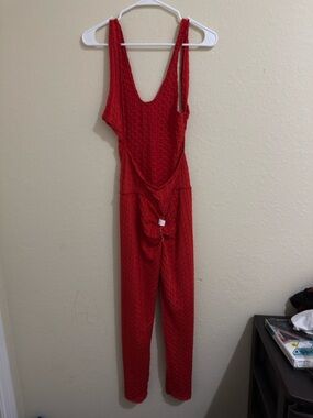 Red Textured Sleeveless Jumpsuit